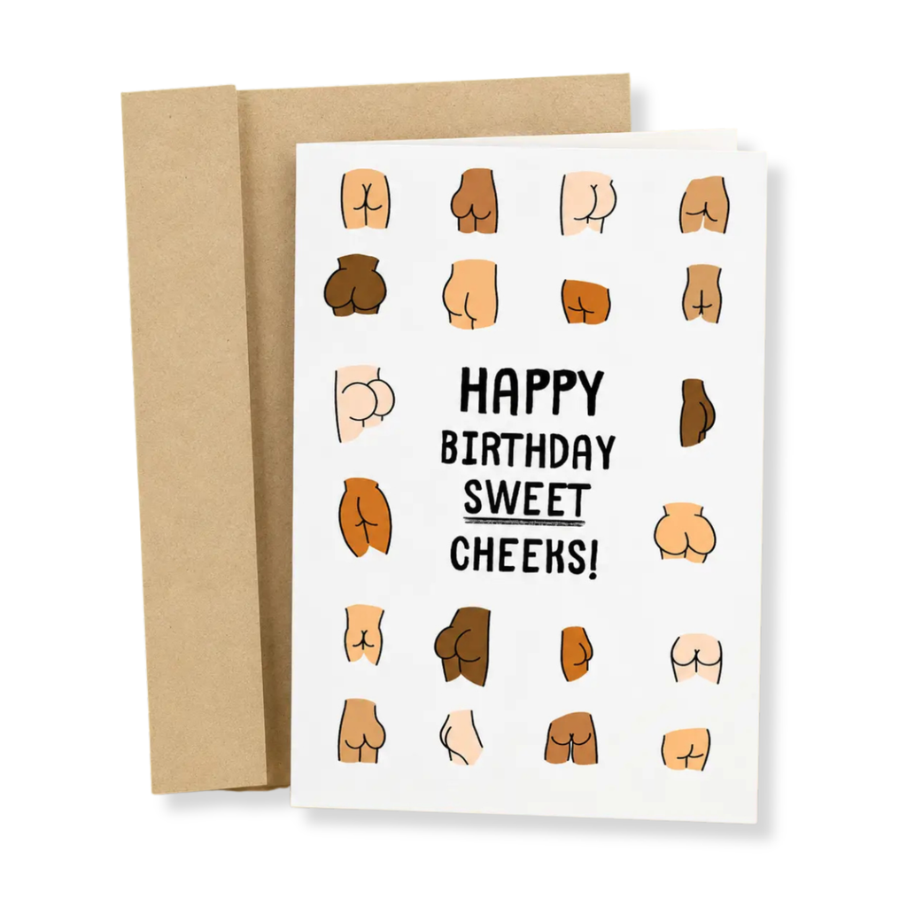 A white greeting card with a brown kraft envelope behind it, featuring cartoon illustrations of various buttocks and the text 'HAPPY BIRTHDAY SWEET CHEEKS!' on a clean white background.