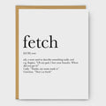 A white greeting card with a kraft brown envelope, featuring a dictionary-style definition of the word 'fetch' printed in black text.