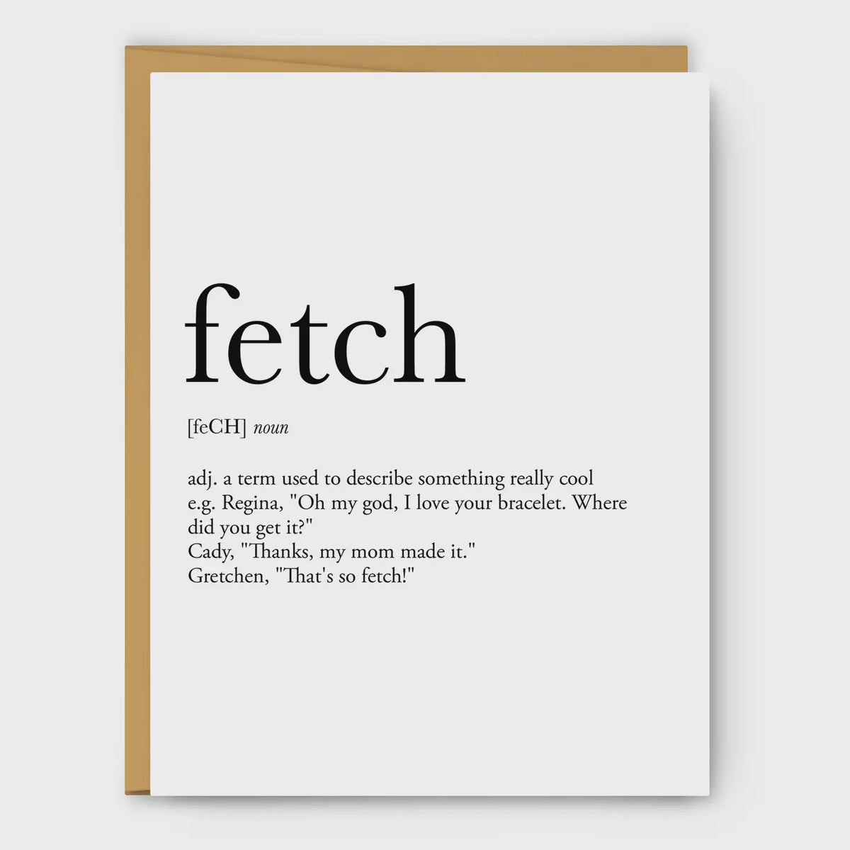 A white greeting card with a kraft brown envelope, featuring a dictionary-style definition of the word 'fetch' printed in black text.