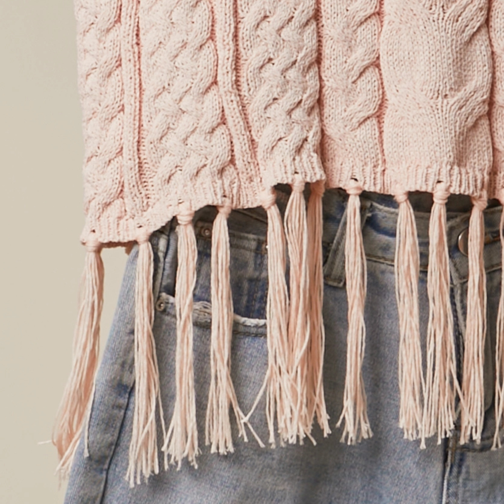 Cable Knit Fringe Top: Pink