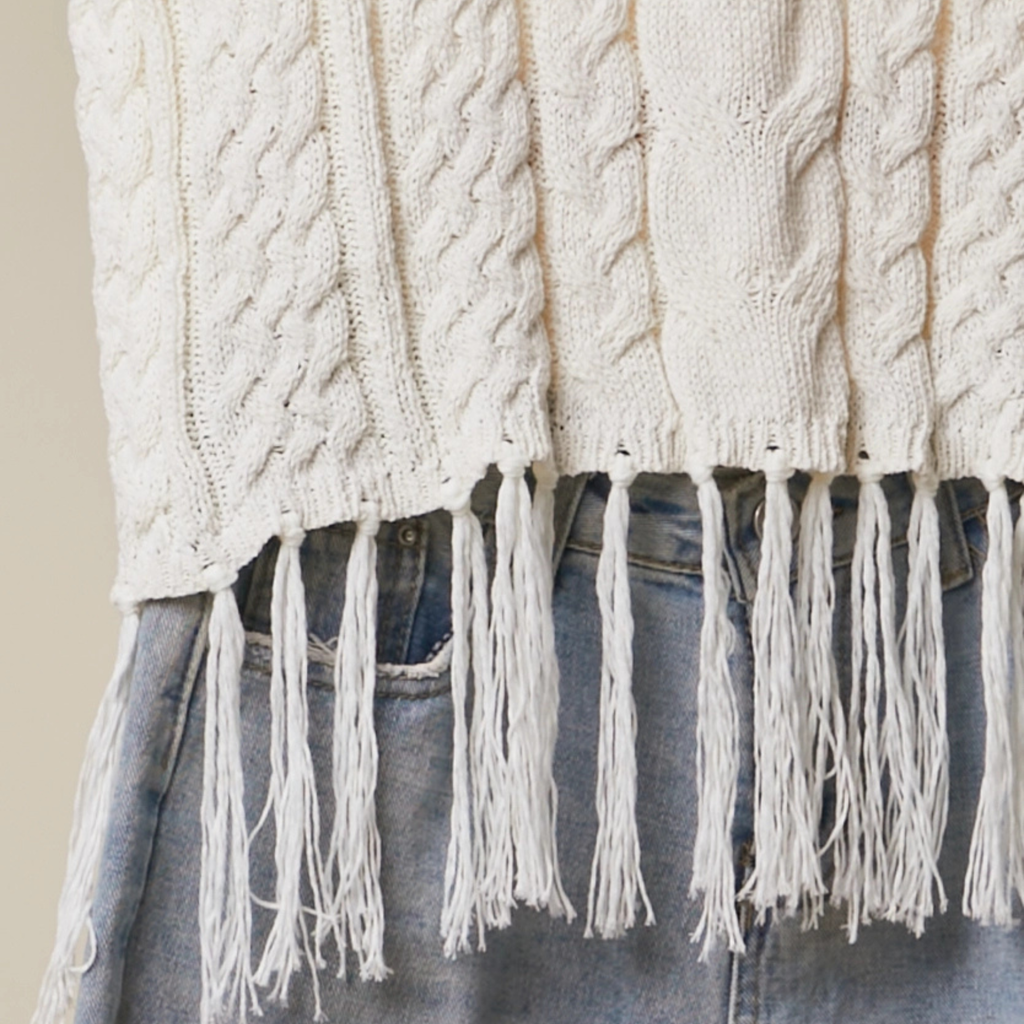 Cable Knit Fringe Top: Ivory