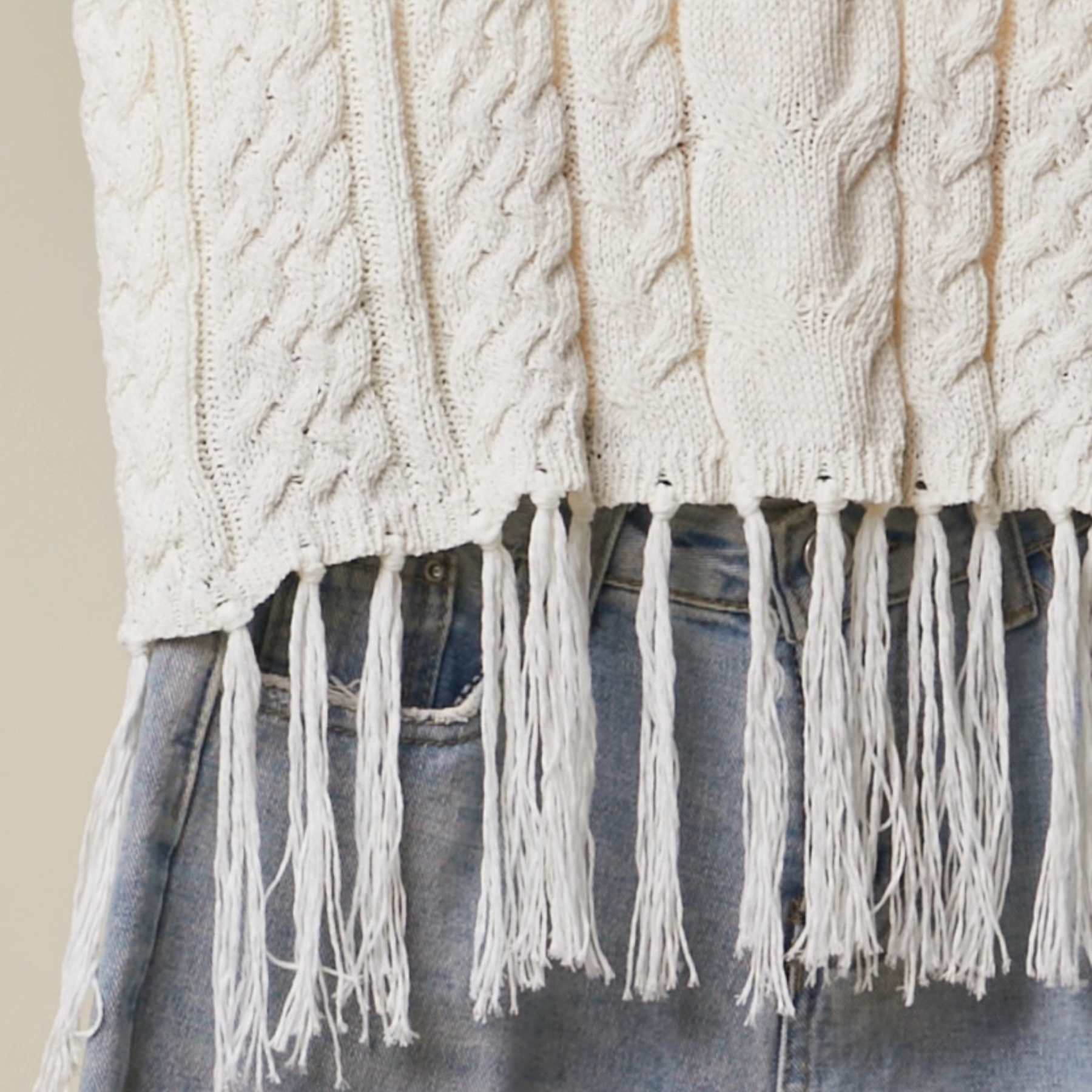 Cable Knit Fringe Top: Ivory