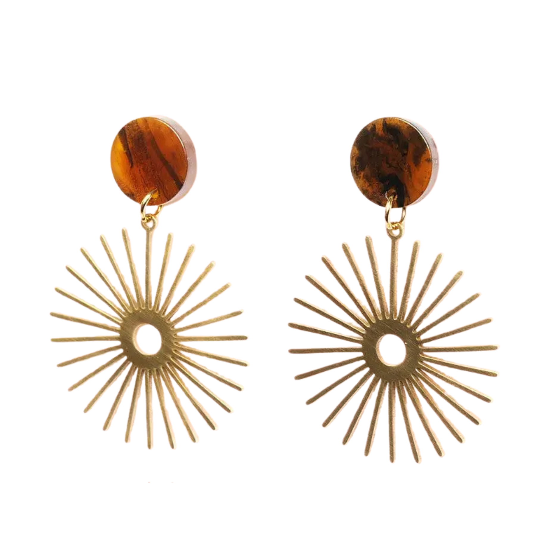 A pair of gold-toned sunburst dangle earrings with circular amber-brown resin studs, shown on a plain white background.