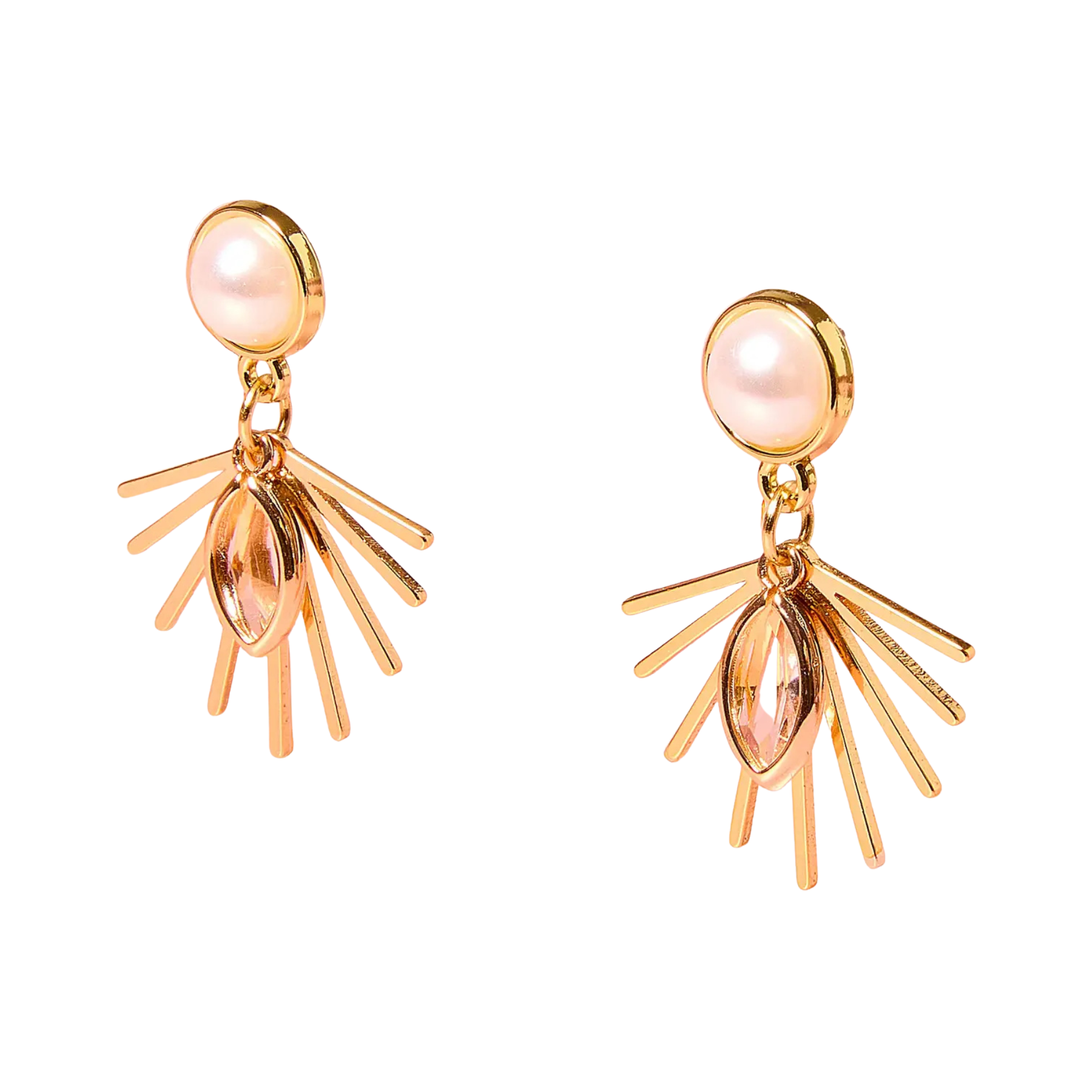 A pair of gold dangle earrings featuring a round pale pink pearl at the top and a marquise-shaped pink gemstone surrounded by radiating gold bars below, set against a plain white background.
