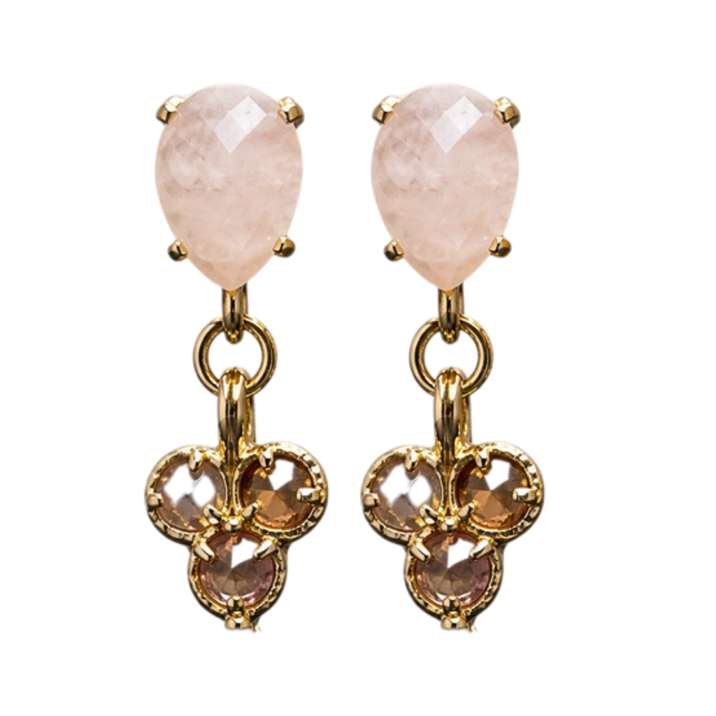 A pair of gold drop earrings featuring faceted pale pink teardrop-shaped stones at the top and three smaller champagne-colored stones in a floral cluster at the bottom, set against a plain white background.