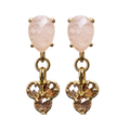 A pair of gold drop earrings featuring faceted pale pink teardrop-shaped stones at the top and three smaller champagne-colored stones in a floral cluster at the bottom, set against a plain white background.