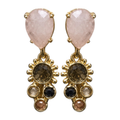 A pair of gold drop earrings featuring a faceted light pink rose quartz stone at the top, with a decorative gold sunburst setting below holding a round smoky brown gemstone and smaller accent stones in clear, dark, and peach tones, shown on a plain white background.