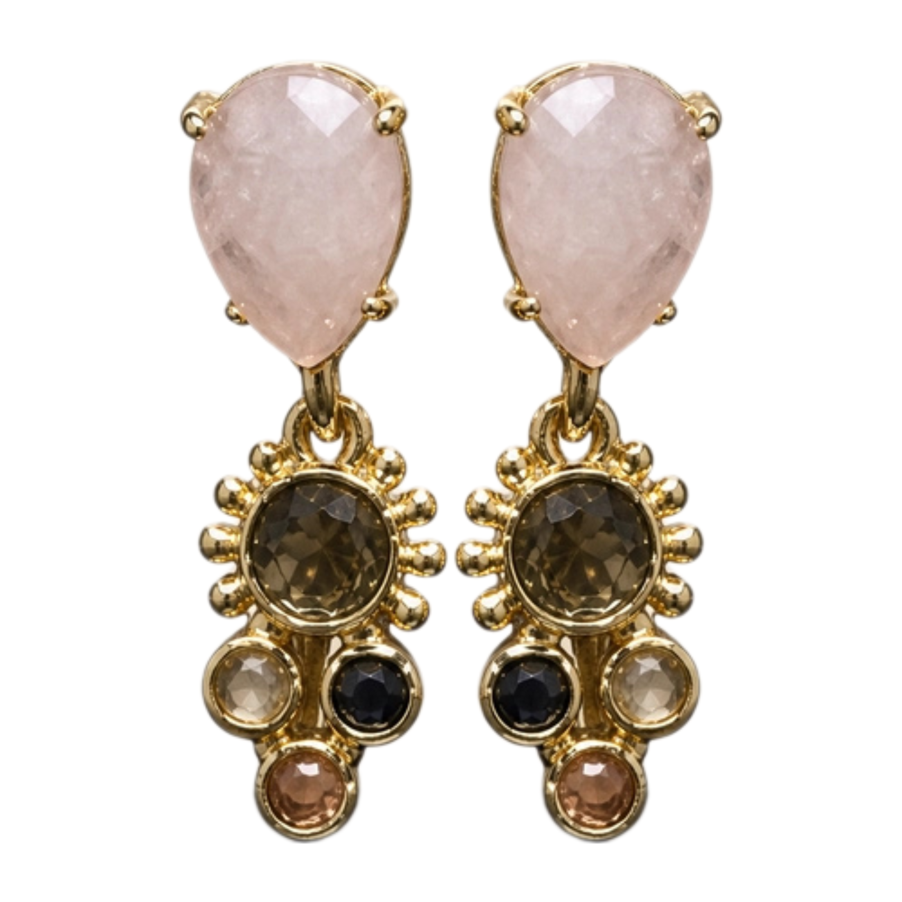 A pair of gold drop earrings featuring a faceted light pink rose quartz stone at the top, with a decorative gold sunburst setting below holding a round smoky brown gemstone and smaller accent stones in clear, dark, and peach tones, shown on a plain white background.