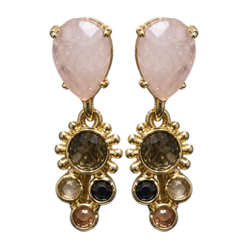 A pair of gold drop earrings featuring a faceted light pink rose quartz stone at the top, with a decorative gold sunburst setting below holding a round smoky brown gemstone and smaller accent stones in clear, dark, and peach tones, shown on a plain white background.