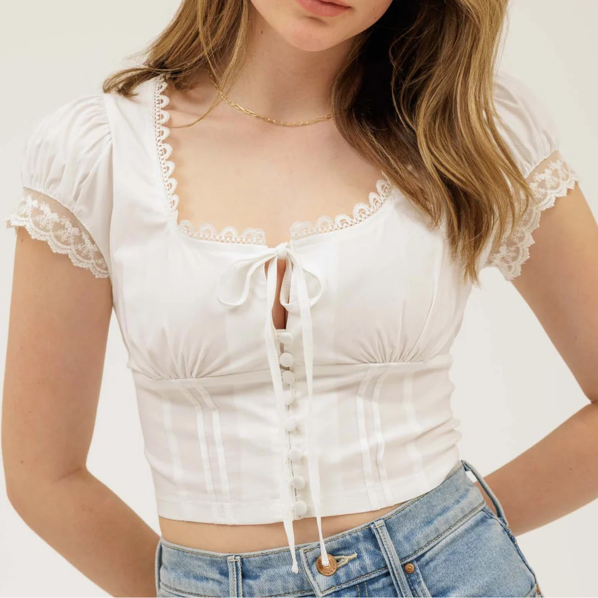 Hello Sunshine Nola Size Inclusive Clothing Blu Pepper Cute Lace Button Tie Crop Top Online Shopping Magazine Street New Orleans Louisiana Game Day Cute Clothes