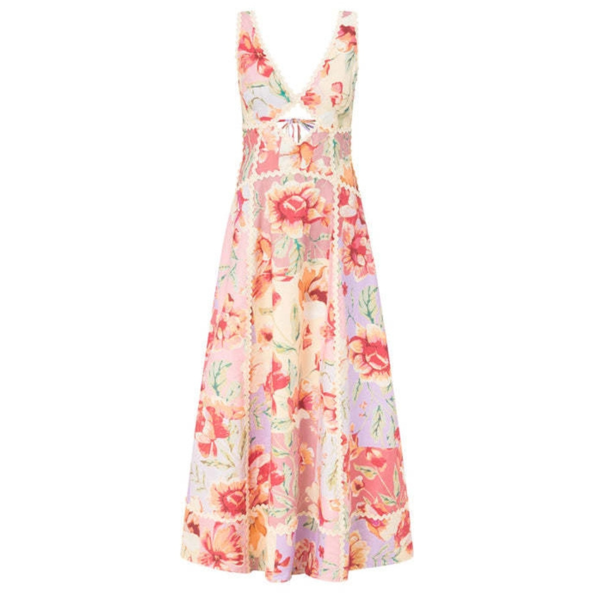 A sleeveless V-neck maxi dress with a colorful floral patchwork print in shades of pink, red, orange, and green on a light cream background, featuring a tie detail at the waist.