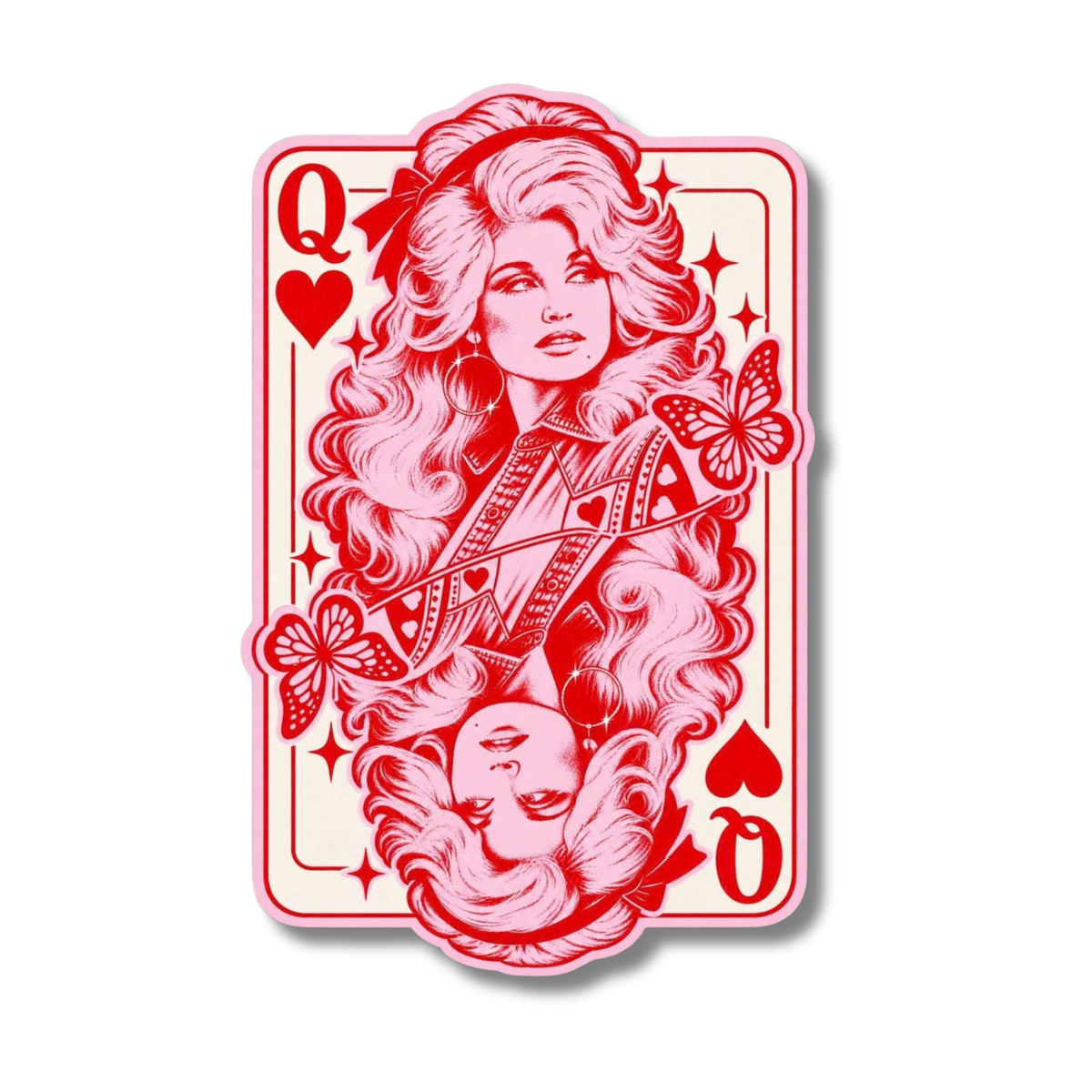 A die-cut sticker of a Queen of Hearts playing card featuring a stylized red and pink illustration of a woman with long wavy hair, butterflies, and stars on a white background. Dolly Parton Dollywood