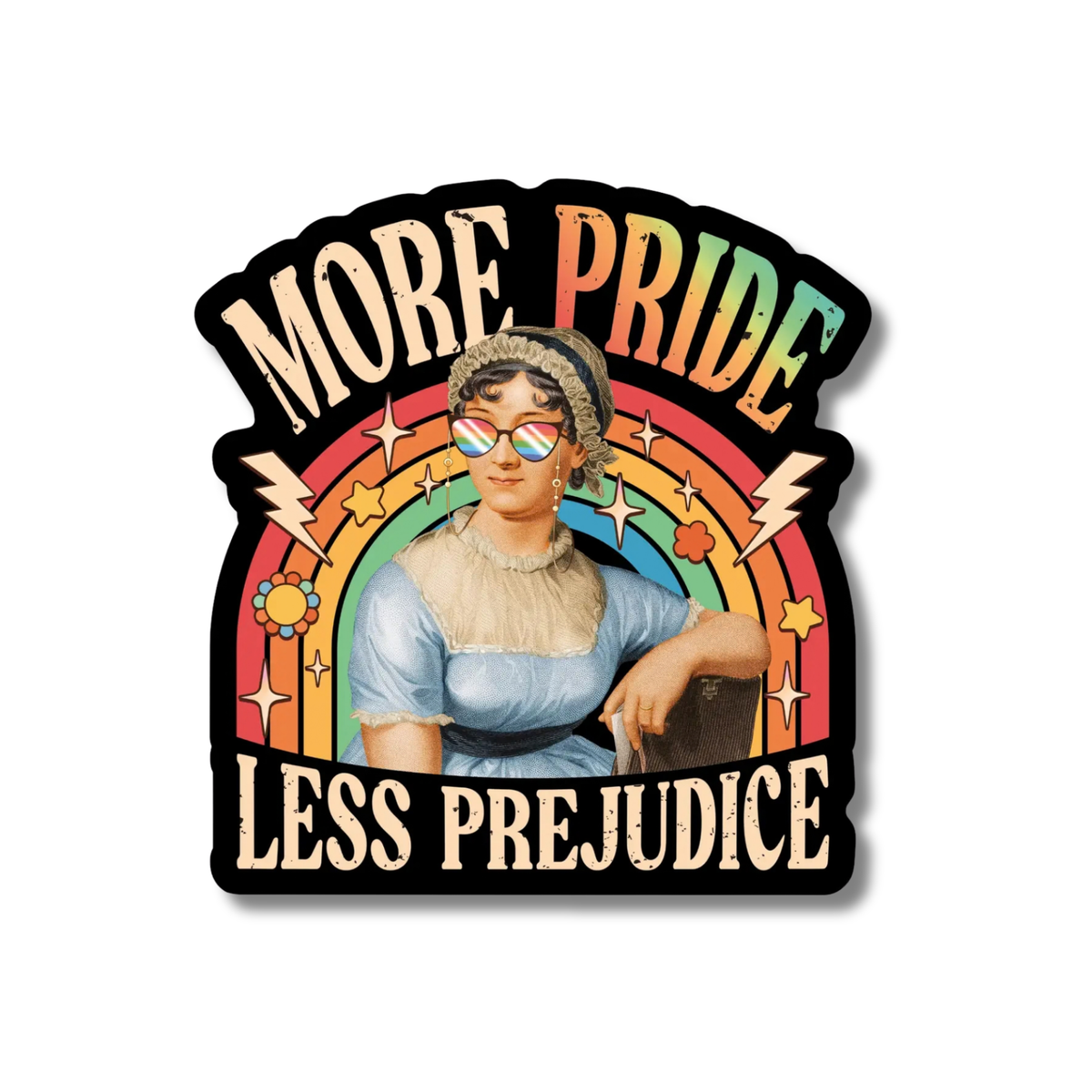 A die-cut sticker featuring a vintage-style illustration of a woman with rainbow-tinted glasses, surrounded by a rainbow and stars, with the text 'MORE PRIDE LESS PREJUDICE' on a white background.