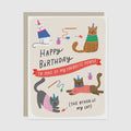 A birthday greeting card with a beige background and illustrated cats wearing party hats and colorful sweaters, with the text 'Happy Birthday to one of my favorite people (the other is my cat)'. A brown envelope is partially visible behind the card.