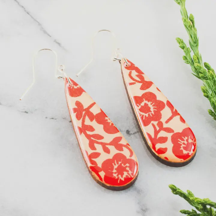 Teardrop Red Floral Earrings