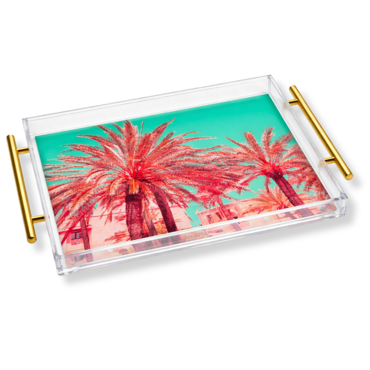 A rectangular clear acrylic serving tray with gold metal handles, featuring a colorful printed design of red palm trees against a turquoise sky.