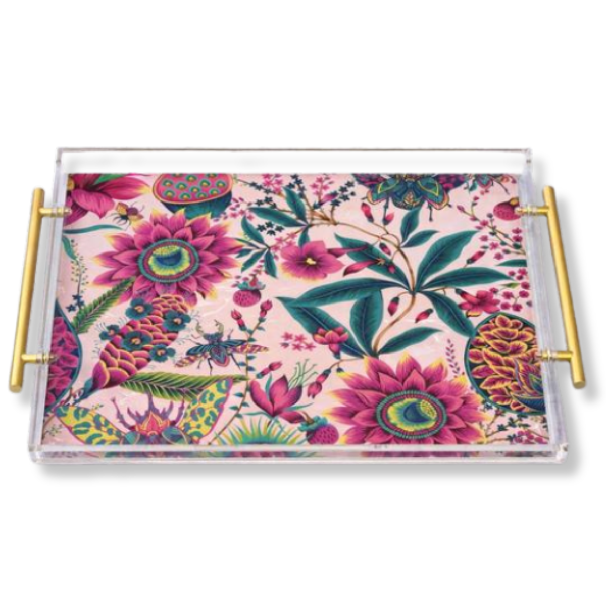 A rectangular clear acrylic serving tray with gold metal handles, featuring a vibrant pink tropical floral and insect pattern on a white background.