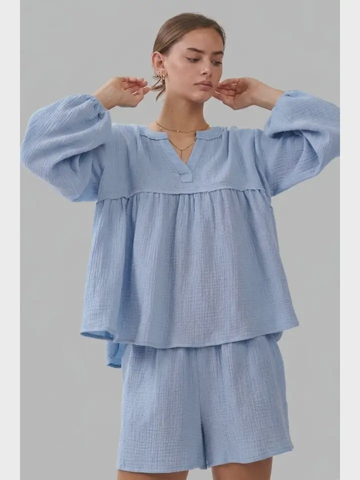 Curvy Cotton Guaze Sky Blue Blouse & Shorts Set