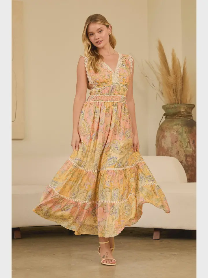 Printed Lace-Trim Maxi Dress