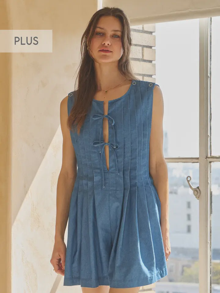 Denim Pleated Sleeveless Romper