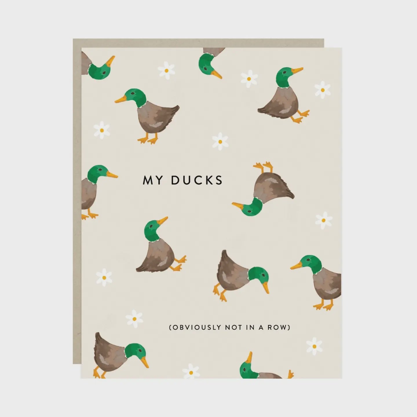 Card with duck illustrations and text on a beige background