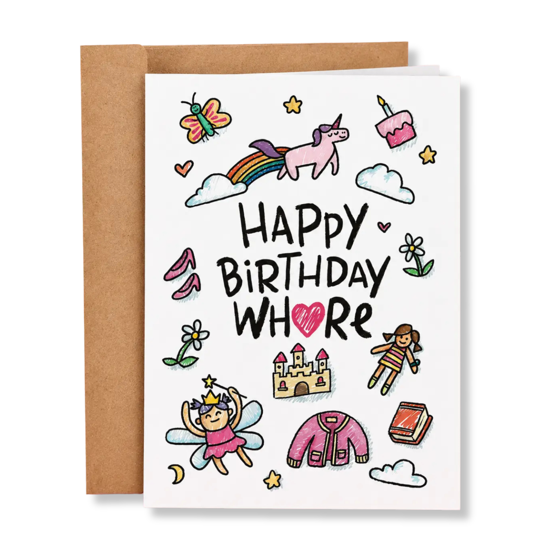 A white birthday card with whimsical hand-drawn illustrations and the text 'HAPPY BIRTHDAY WHO RE' in black lettering, shown with a brown kraft envelope behind it on a white background.
