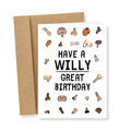 A white greeting card with the text 'HAVE A WILLY GREAT BIRTHDAY' in black, surrounded by small hand-drawn illustrations of male genitalia and bones, shown with a brown kraft envelope on a white background.