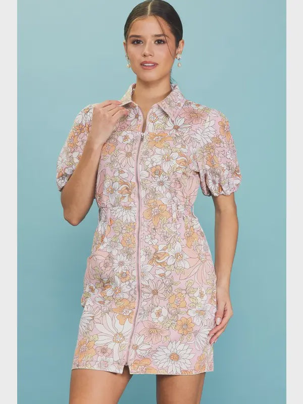 Short Puff Sleeve Floral Zip-Up Shirt Dress