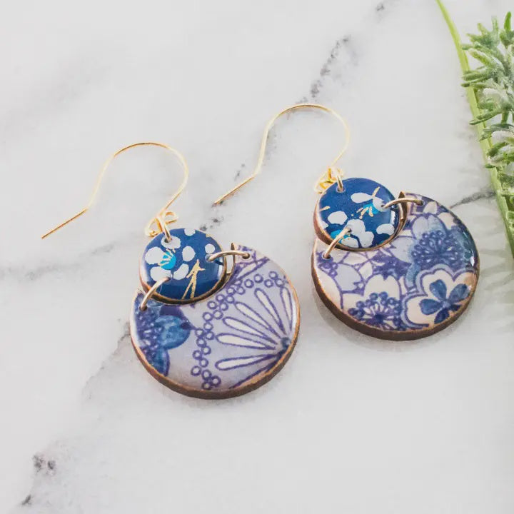 Blue & White Floral Circle Earrings