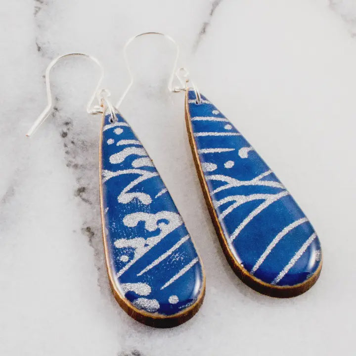 Blue & Silver Wave Teardrop Earrings