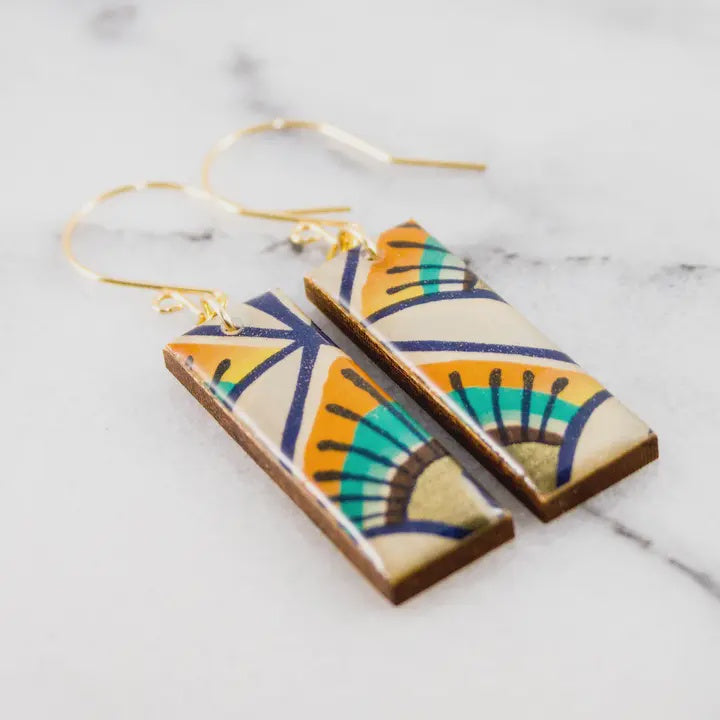 Orange & Aqua Retro Sun Rectangle Earrings